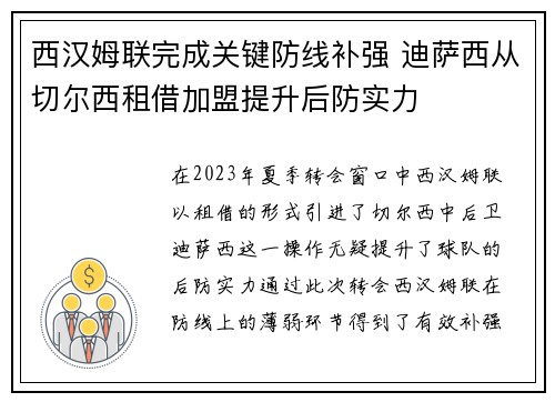 西汉姆联完成关键防线补强 迪萨西从切尔西租借加盟提升后防实力 西汉姆联完成关键防线补强 迪萨西从切尔西租借加盟提升后防实力